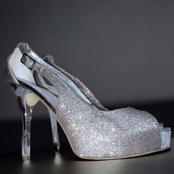 Guess rainbow silver glitter encrusted peep-toe stiletto heels - Picture 2 of 6